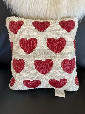 Beaded Heart Accent Pillow - Red Hearts on Cream